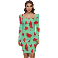 Fruit5 Women Long Sleeve Ruched Stretch Jersey Dress by nateshop