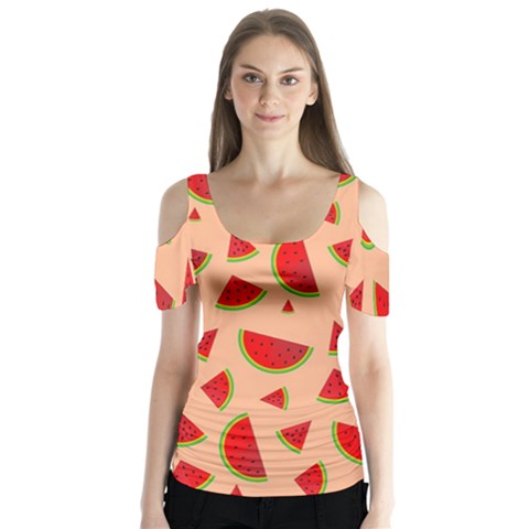 Fruit-water Melon Butterfly Sleeve Cutout Tee  by nateshop