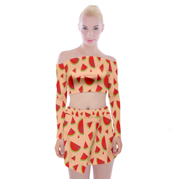 Fruit-water Melon Off Shoulder Top with Mini Skirt Set