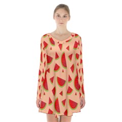 Fruit-water Melon Long Sleeve Velvet V-neck Dress by nateshop