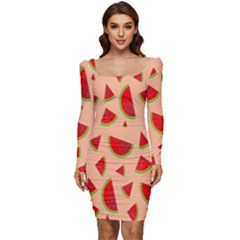 Fruit-water Melon Women Long Sleeve Ruched Stretch Jersey Dress by nateshop