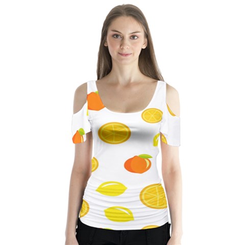 Fruits,orange Butterfly Sleeve Cutout Tee  by nateshop