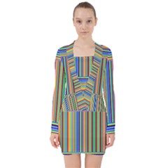 Abstract Stripe Pattern Rainbow V-neck Bodycon Long Sleeve Dress by Wegoenart