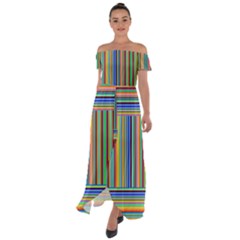 Abstract Stripe Pattern Rainbow Off Shoulder Open Front Chiffon Dress by Wegoenart