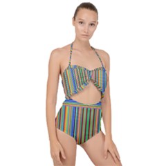 Abstract Stripe Pattern Rainbow Scallop Top Cut Out Swimsuit by Wegoenart