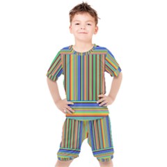 Abstract Stripe Pattern Rainbow Kids  Tee And Shorts Set by Wegoenart