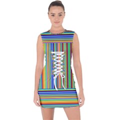 Abstract Stripe Pattern Rainbow Lace Up Front Bodycon Dress by Wegoenart