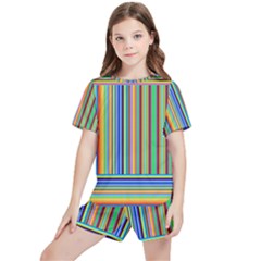 Abstract Stripe Pattern Rainbow Kids  Tee And Sports Shorts Set by Wegoenart