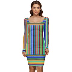 Abstract Stripe Pattern Rainbow Women Long Sleeve Ruched Stretch Jersey Dress by Wegoenart