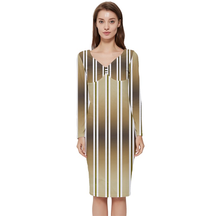 Green Background Line Pattern Long Sleeve V-Neck Bodycon Dress 