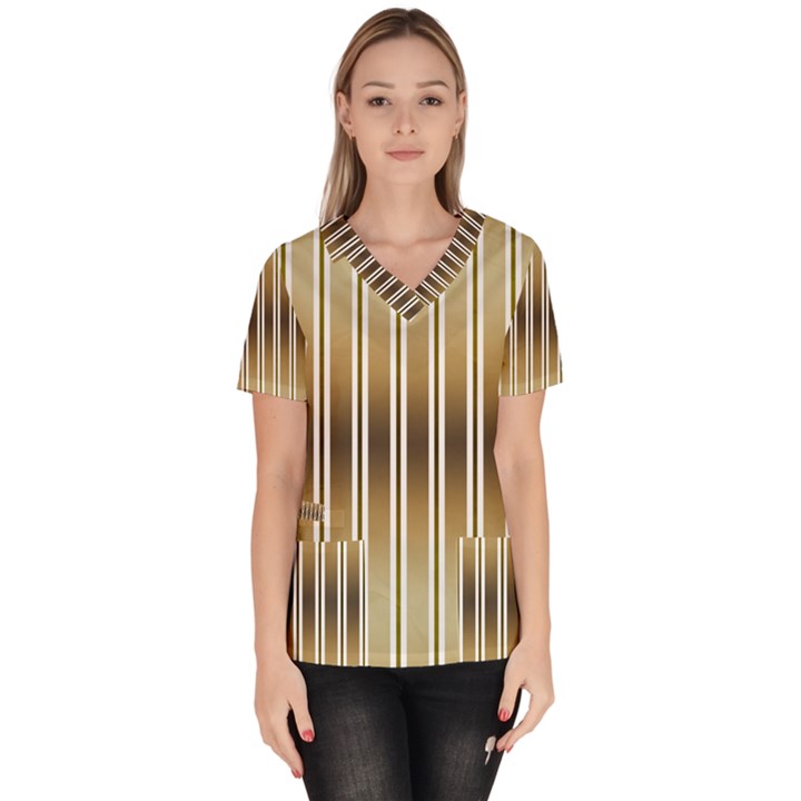 Green Background Line Pattern Women s V-Neck Scrub Top