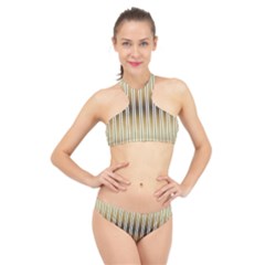 Green Background Line Pattern High Neck Bikini Set by Wegoenart