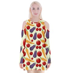 Vegetable Food Illustration Patterntexture Velvet Long Sleeve Shoulder Cutout Dress by Wegoenart