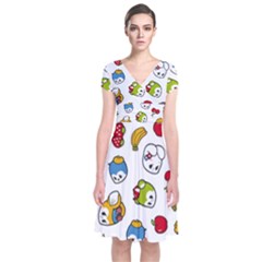 Illustration Vector Fruit Animal Cartoon Pattern Short Sleeve Front Wrap Dress by Wegoenart