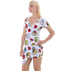 Illustration Vector Fruit Animal Cartoon Pattern Short Sleeve Asymmetric Mini Dress by Wegoenart