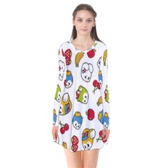 Illustration Vector Fruit Animal Cartoon Pattern Long Sleeve V-neck Flare Dress by Wegoenart