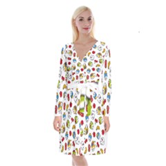 Illustration Vector Fruit Animal Cartoon Pattern Long Sleeve Velvet Front Wrap Dress by Wegoenart