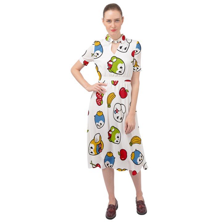 Illustration Vector Fruit Animal Cartoon Pattern Keyhole Neckline Chiffon Dress