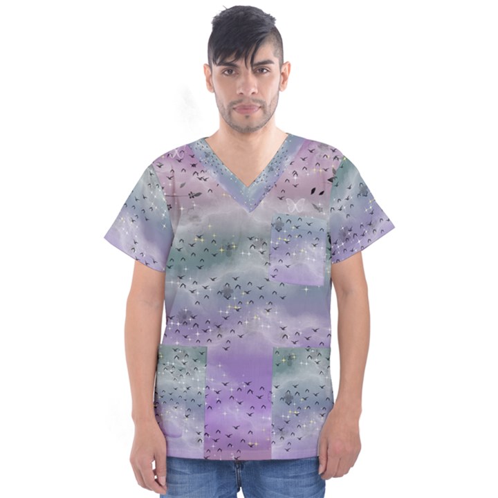 Bird Art Design Pattern Butterfly Men s V-Neck Scrub Top