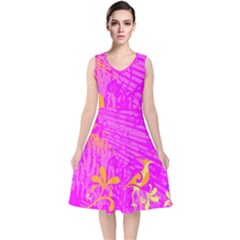 Spring Tropical Floral Palm Bird Pink Pattern Background V-neck Midi Sleeveless Dress  by Wegoenart