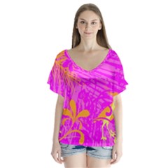 Spring Tropical Floral Palm Bird Pink Pattern Background V-neck Flutter Sleeve Top by Wegoenart