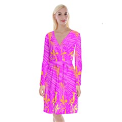 Spring Tropical Floral Palm Bird Pink Pattern Background Long Sleeve Velvet Front Wrap Dress by Wegoenart