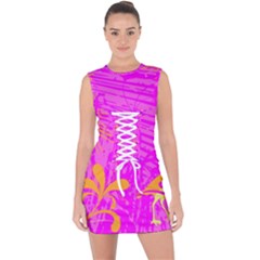 Spring Tropical Floral Palm Bird Pink Pattern Background Lace Up Front Bodycon Dress by Wegoenart