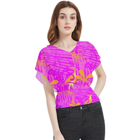 Spring Tropical Floral Palm Bird Pink Pattern Background Butterfly Chiffon Blouse by Wegoenart