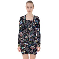 Floral V-neck Bodycon Long Sleeve Dress by nateshop