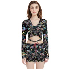 Floral Velvet Wrap Crop Top And Shorts Set by nateshop