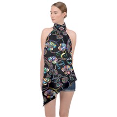 Floral Halter Asymmetric Satin Top by nateshop