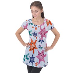 Flowers-5 Puff Sleeve Tunic Top by nateshop