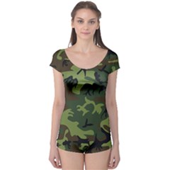 Green Brown Camouflage Boyleg Leotard  by nateshop