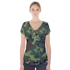 Green Brown Camouflage Short Sleeve Front Detail Top by nateshop