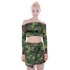 Green Brown Camouflage Off Shoulder Top With Mini Skirt Set by nateshop