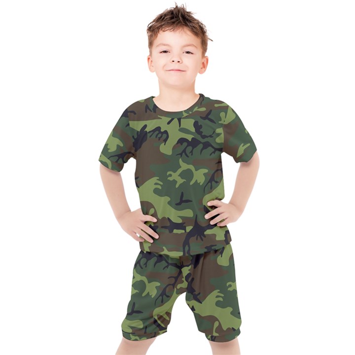 Green Brown Camouflage Kids  Tee and Shorts Set