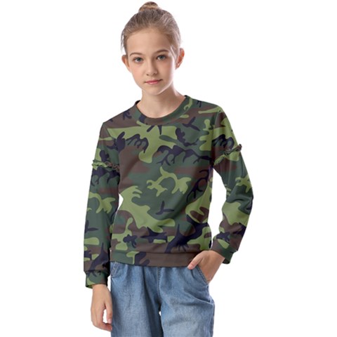 Green Brown Camouflage Kids  Long Sleeve Tee With Frill  by nateshop