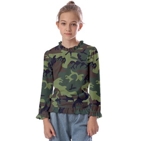 Green Brown Camouflage Kids  Frill Detail Tee by nateshop