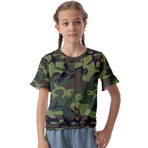 Green Brown Camouflage Kids  Cuff Sleeve Scrunch Bottom Tee by nateshop