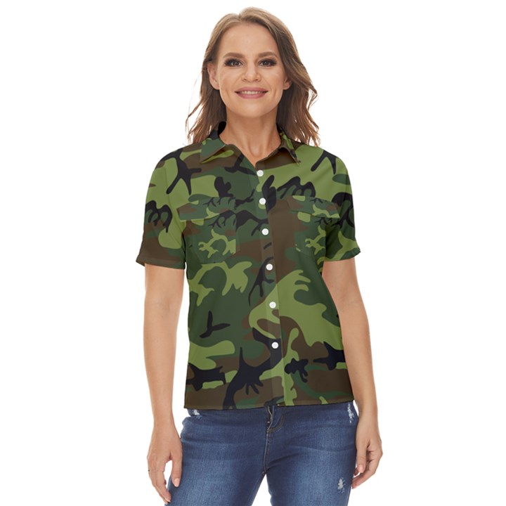 Green Brown Camouflage Women s Short Sleeve Double Pocket Shirt