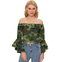 Green Brown Camouflage Off Shoulder Flutter Bell Sleeve Top by nateshop