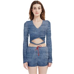 Jeans Velvet Wrap Crop Top And Shorts Set by nateshop