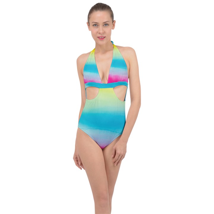 Watercolor Halter Front Plunge Swimsuit