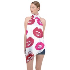 Lips Halter Asymmetric Satin Top by nateshop