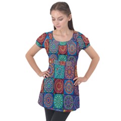 Mandala Art Puff Sleeve Tunic Top by nateshop