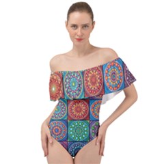 Mandala Art Off Shoulder Velour Bodysuit  by nateshop