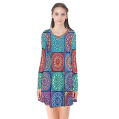 Mandala Art Long Sleeve V-neck Flare Dress by nateshop