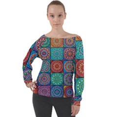 Mandala Art Off Shoulder Long Sleeve Velour Top by nateshop