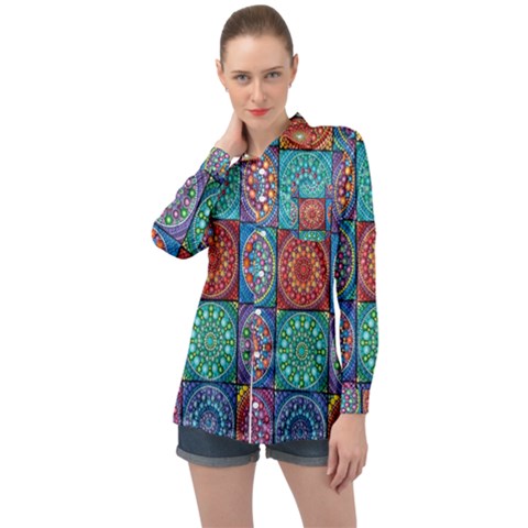 Mandala Art Long Sleeve Satin Shirt by nateshop