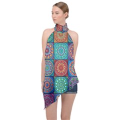 Mandala Art Halter Asymmetric Satin Top by nateshop